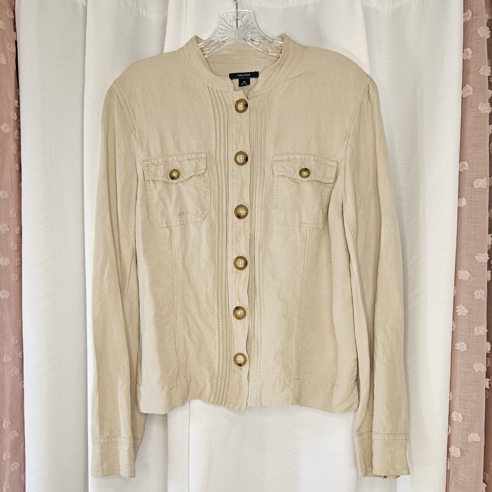 Nautica tan / khaki lightweight linen blend long sleeve casual jacket size 12
